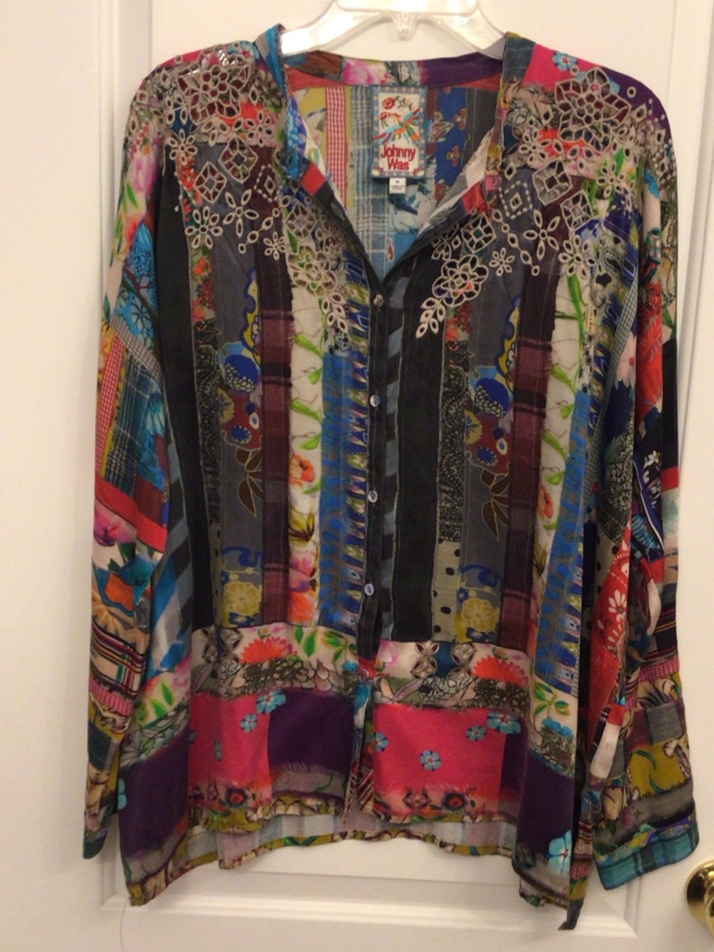 Johnny Was Multicolor silk Floral Stripe Button-Front Top